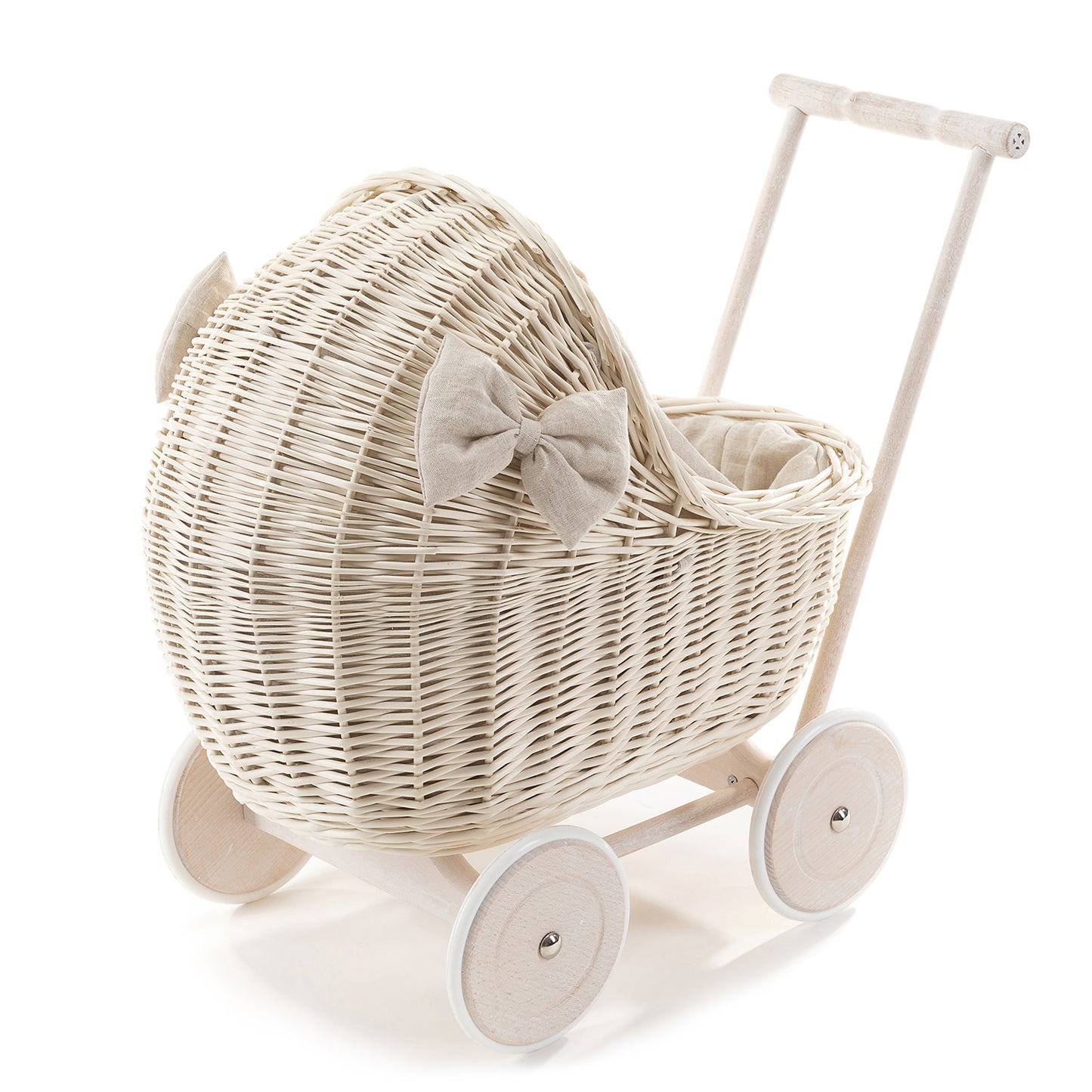 Desayer wiklinowy wózek dla lalek z kremowym obszyciem, kołderką i poduszką TheWickerStories