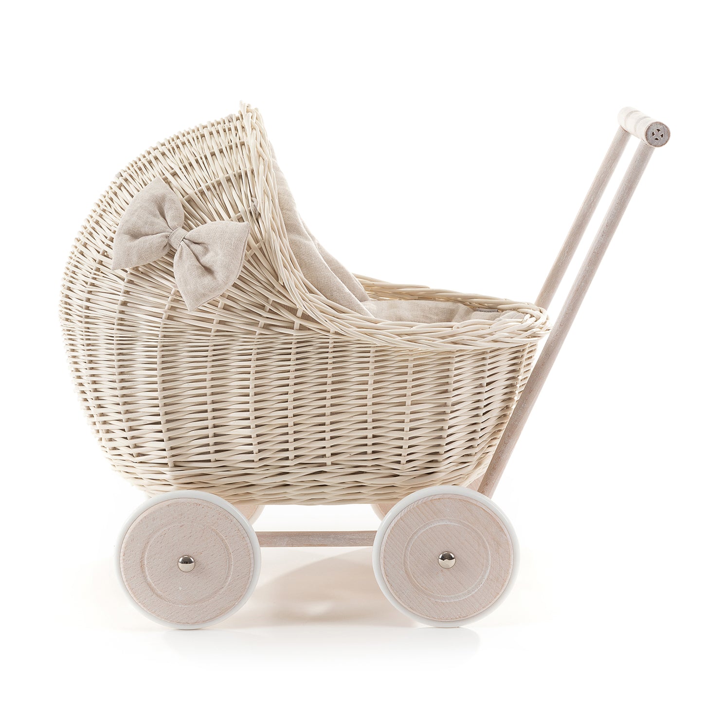 Desayer wiklinowy wózek dla lalek z kremowym obszyciem, kołderką i poduszką TheWickerStories