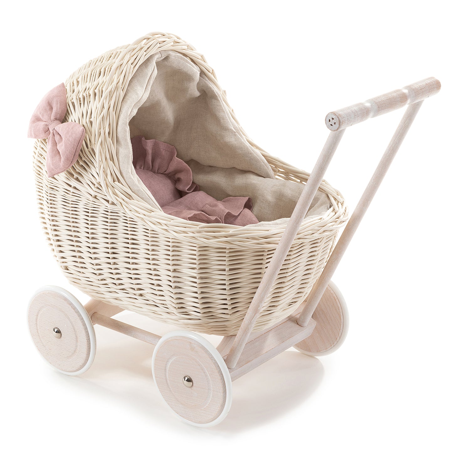 Desayer wiklinowy wózek dla lalek z różowym obszyciem, kołderką i poduszką, z rączką TheWickerStories