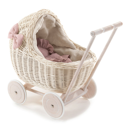 Desayer wiklinowy wózek dla lalek z różowym obszyciem, kołderką i poduszką, z rączką TheWickerStories