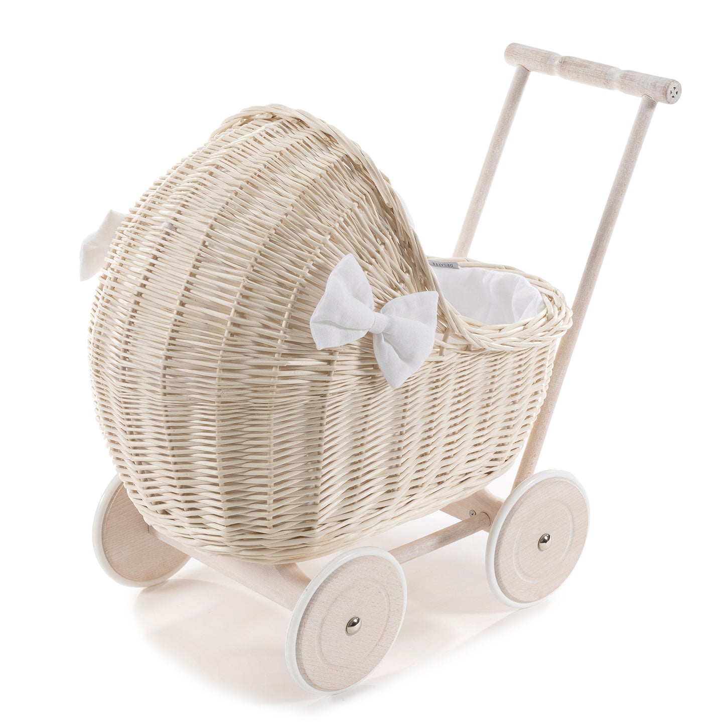 Desayer wiklinowy wózek dla lalek z różowym obszyciem, z rączką, poduszką i kołderką TheWickerStories