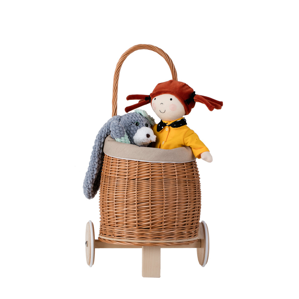 Luke wiklinowy wózek dla lalek z beżowym obszyciem, rączką i drewnianymi kołami TheWickerStories