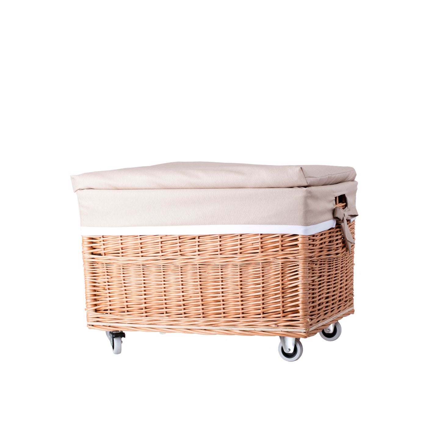 Cervus wiklinowy kosz z beżowym obszyciem i kółkami TheWickerStories