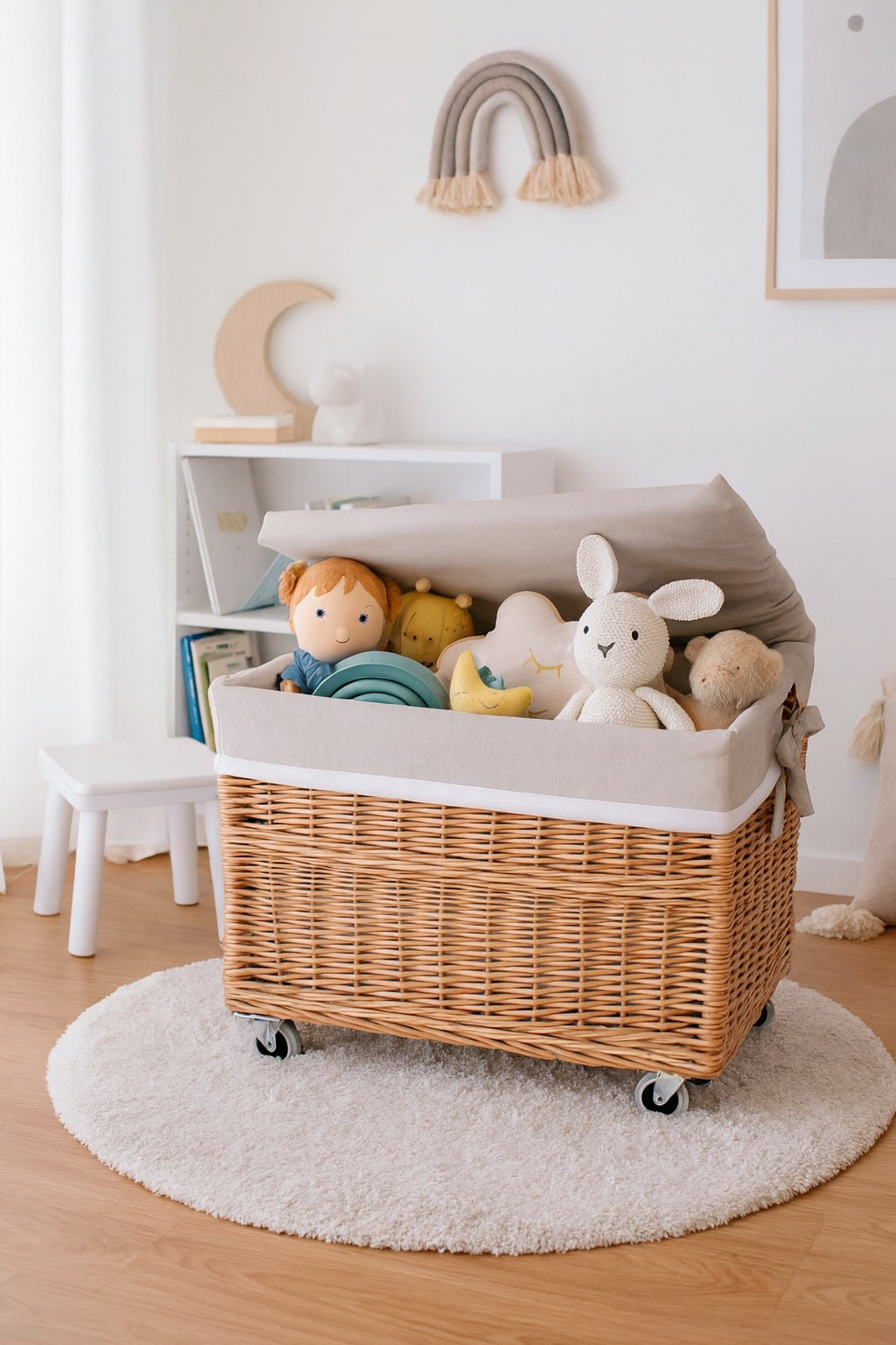 Cervus wiklinowy kosz z beżowym obszyciem i kółkami TheWickerStories