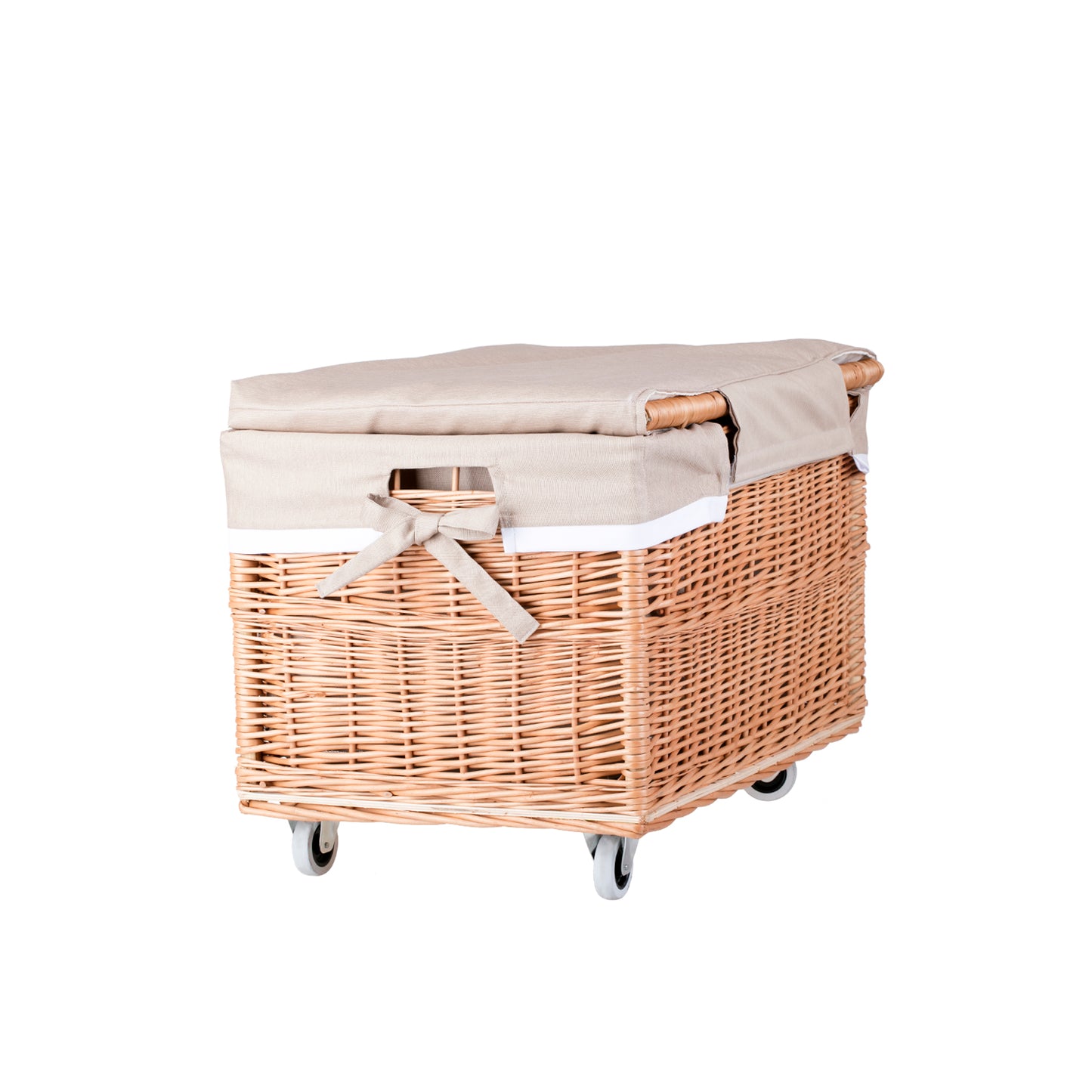 Cervus wiklinowy kosz z beżowym obszyciem i kółkami TheWickerStories