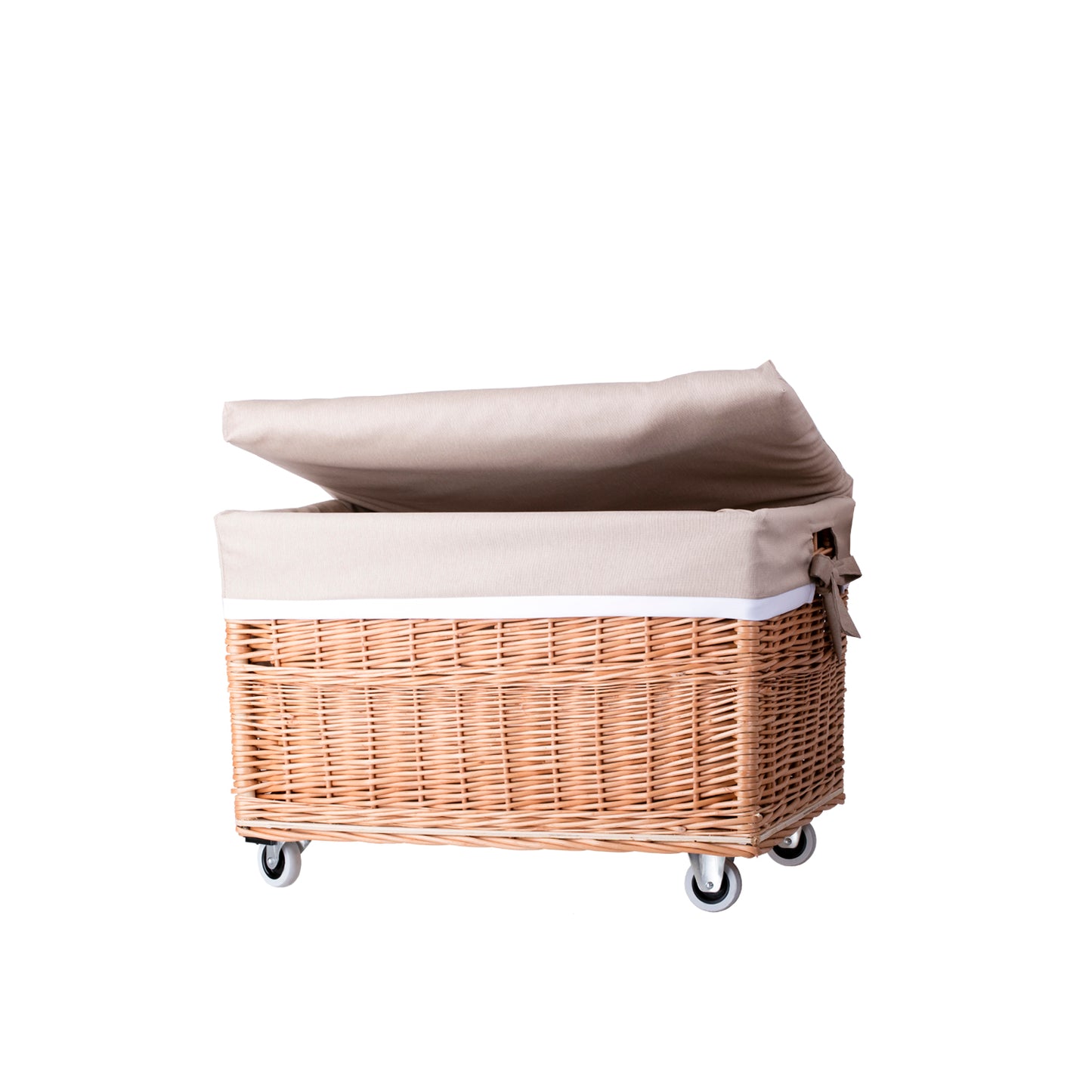 Cervus wiklinowy kosz z beżowym obszyciem i kółkami TheWickerStories