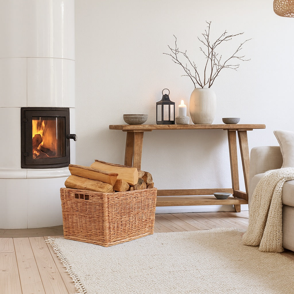Cervus wiklinowy kosz kominkowy na drewno z uchwytami TheWickerStories