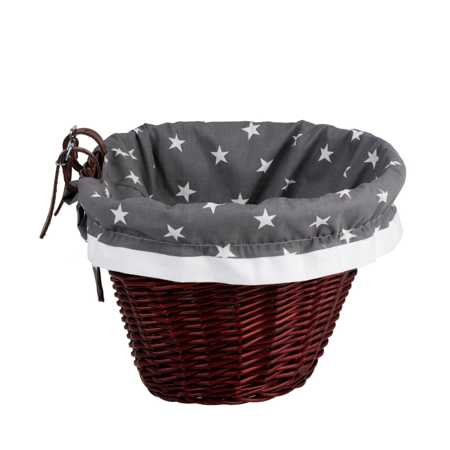 Paulus wiklinowy kosz na rower z szarym obszyciem, z paskami TheWickerStories