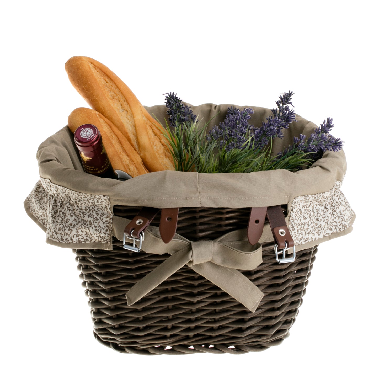 Paulus wiklinowy kosz na rower z szarym obszyciem, z paskami TheWickerStories