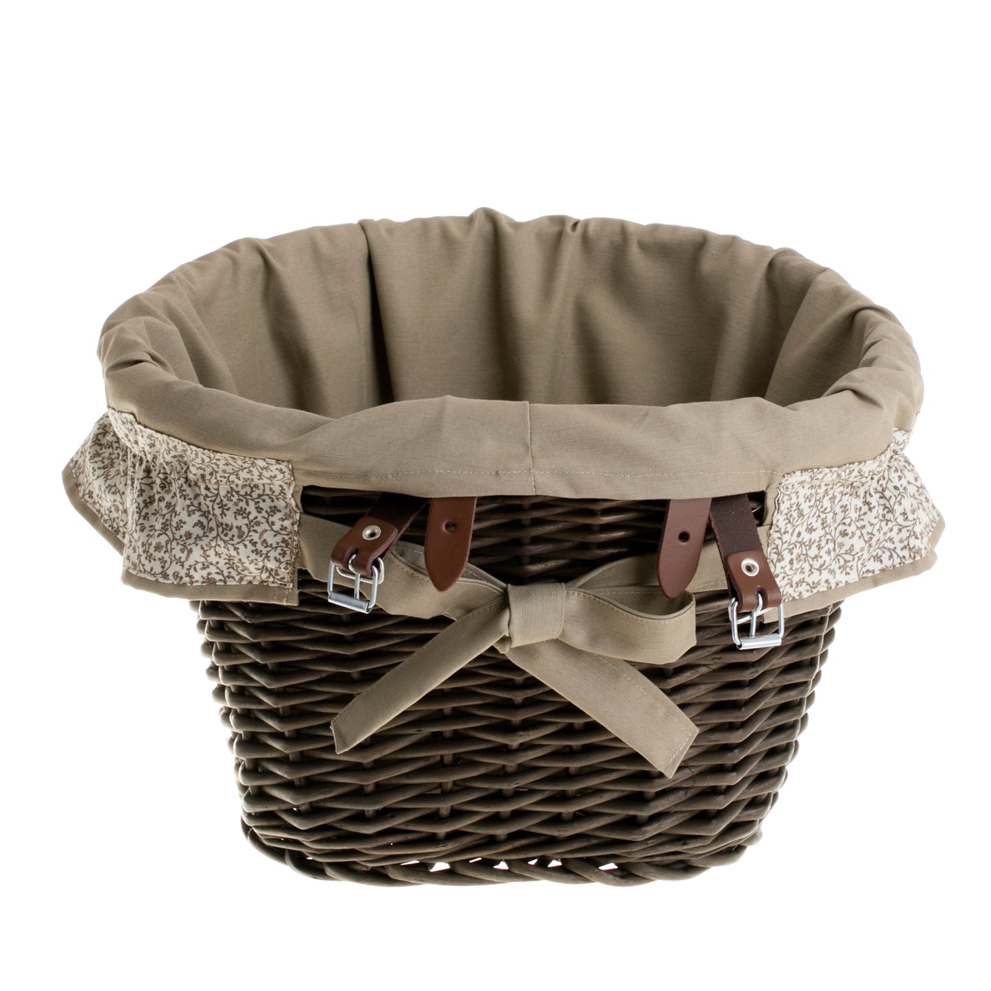 Paulus wiklinowy kosz na rower z szarym obszyciem, z paskami TheWickerStories