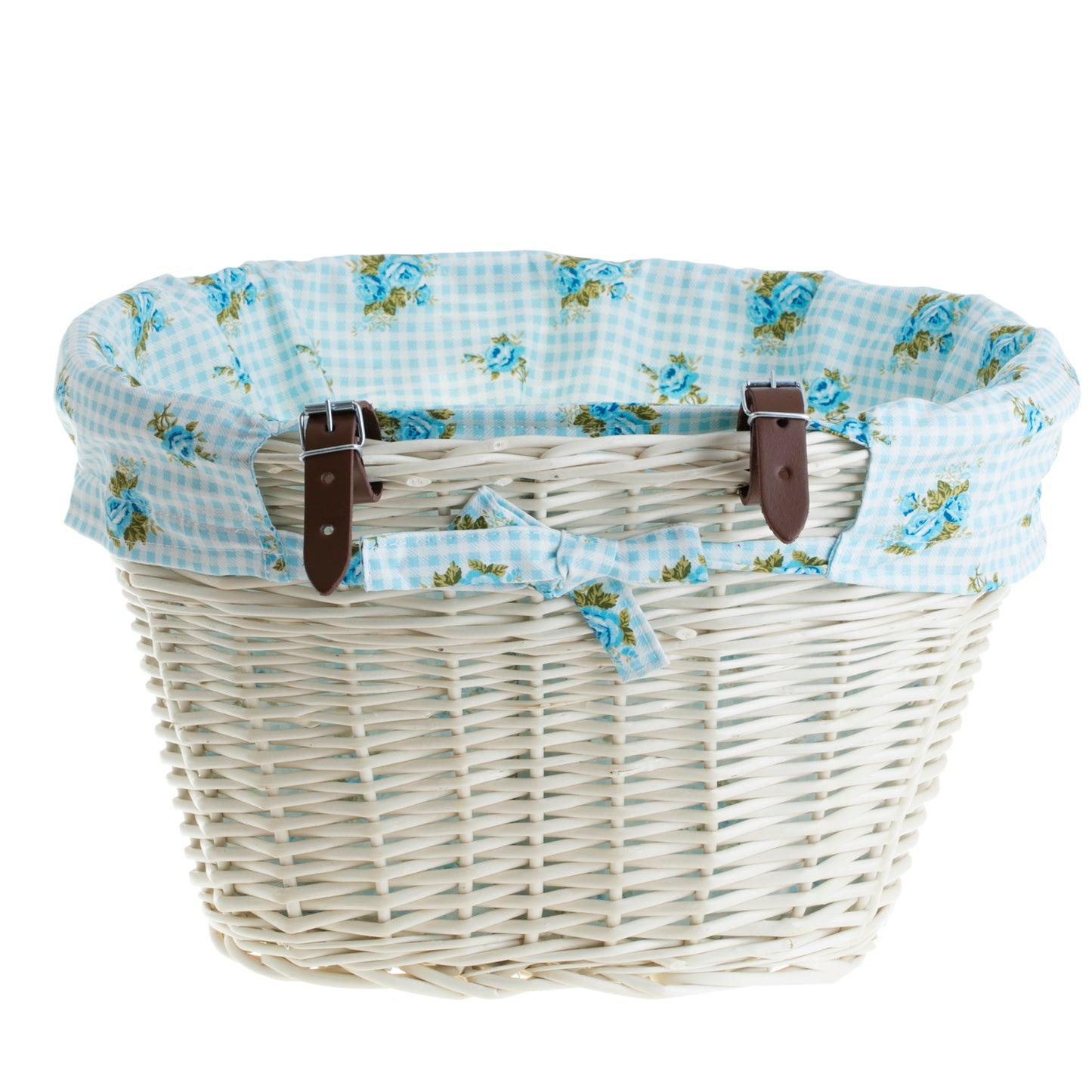 Paulus wiklinowy kosz na rower z błękitnym obszyciem, z paskami do kierownicy TheWickerStories