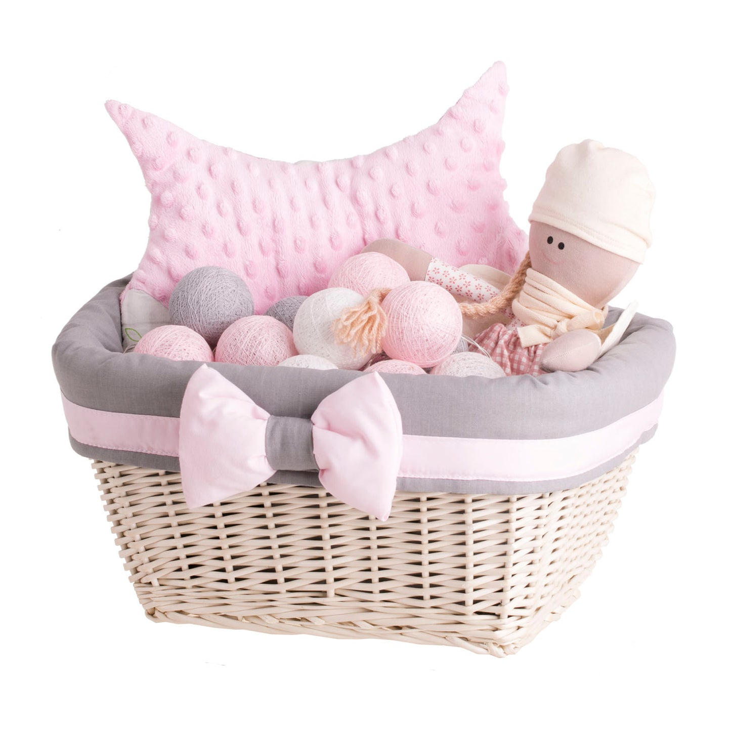 Nestor wiklinowy kosz na regał z szarym obszyciem i kokardą TheWickerStories