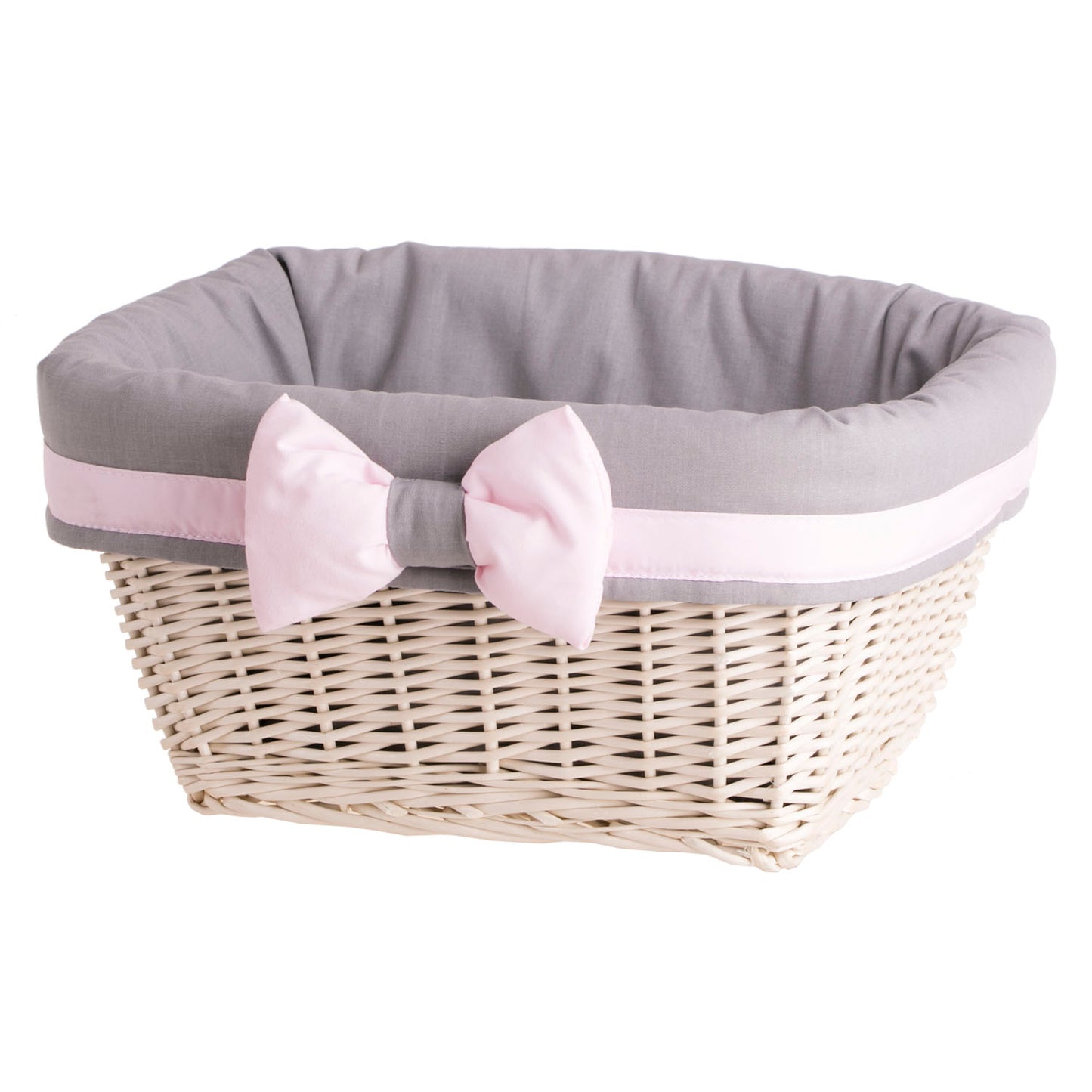 Nestor wiklinowy kosz na regał z szarym obszyciem i kokardą TheWickerStories