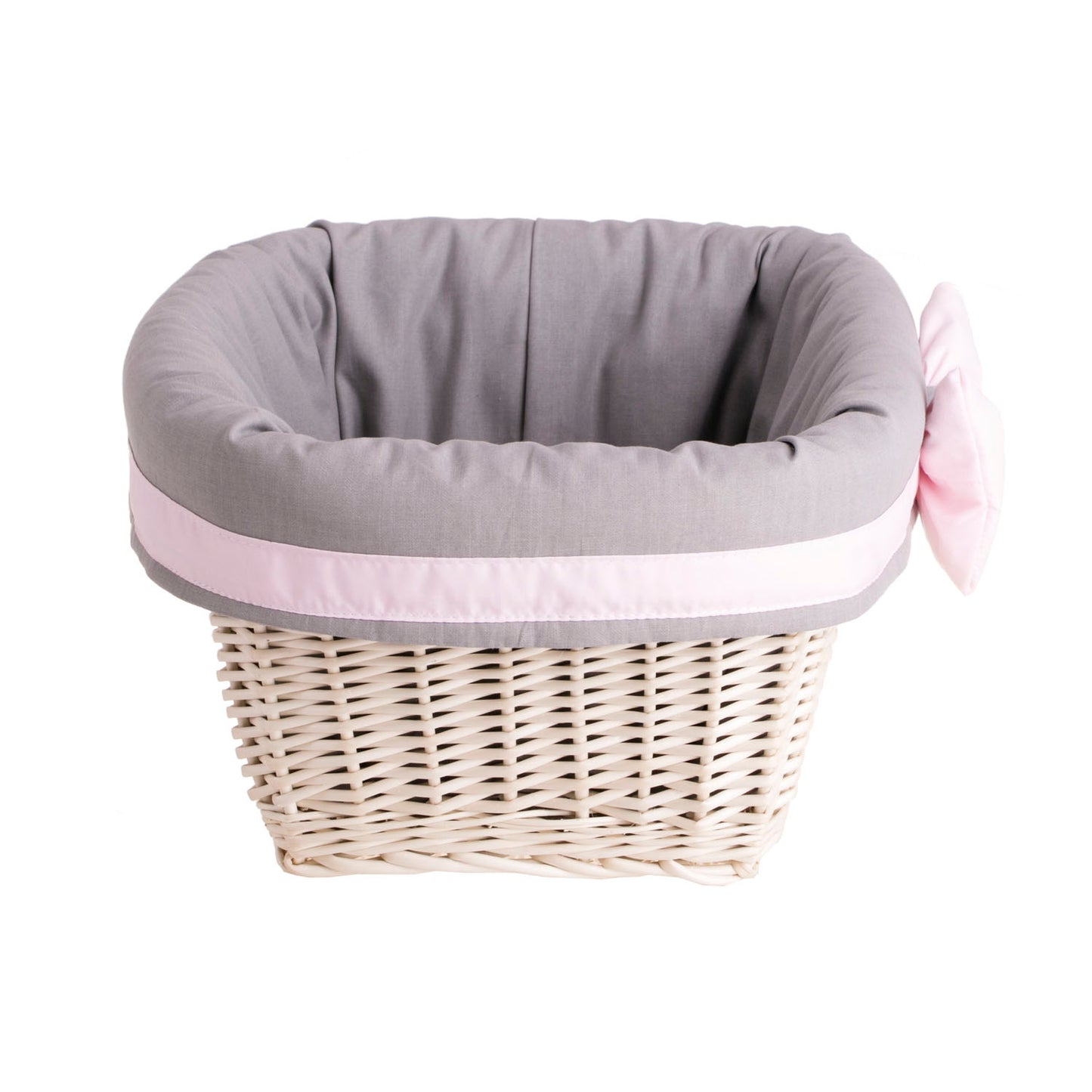 Nestor wiklinowy kosz na regał z szarym obszyciem i kokardą TheWickerStories