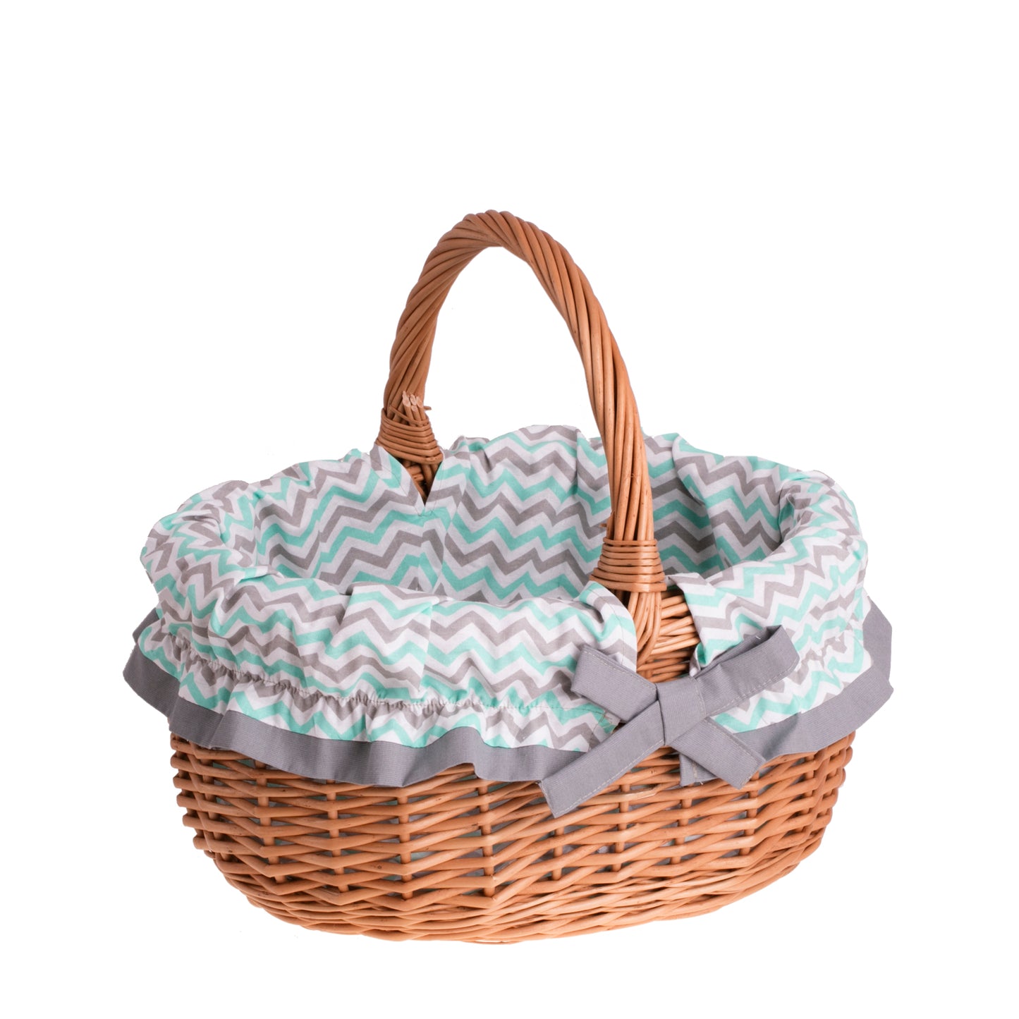 Werburga wiklinowy kosz na zakupy z miętowo‑szarym obszyciem, z rączką TheWickerStories