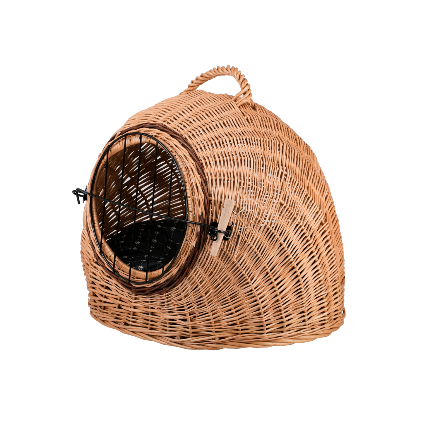 Tactus wiklinowy domek dla kota z poduszką, uchwytem i drzwiczkami TheWickerStories