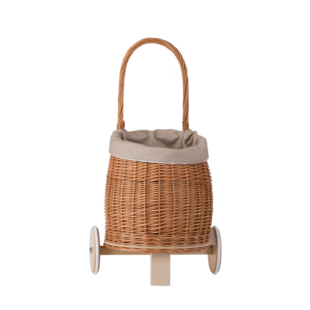 Luke wiklinowy wózek dla lalek z beżowym obszyciem, rączką i drewnianymi kołami TheWickerStories