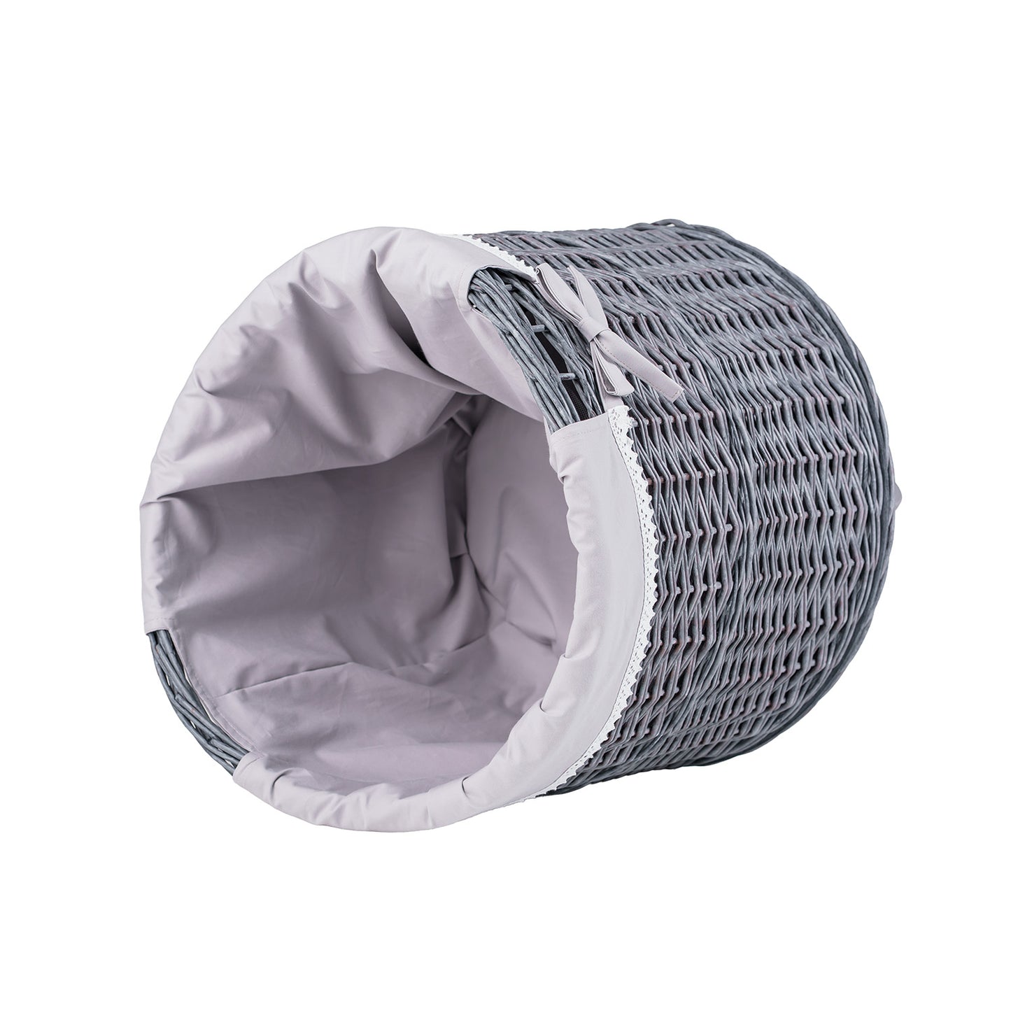 Caros wiklinowy kosz do przechowywania z szarym obszyciem TheWickerStories