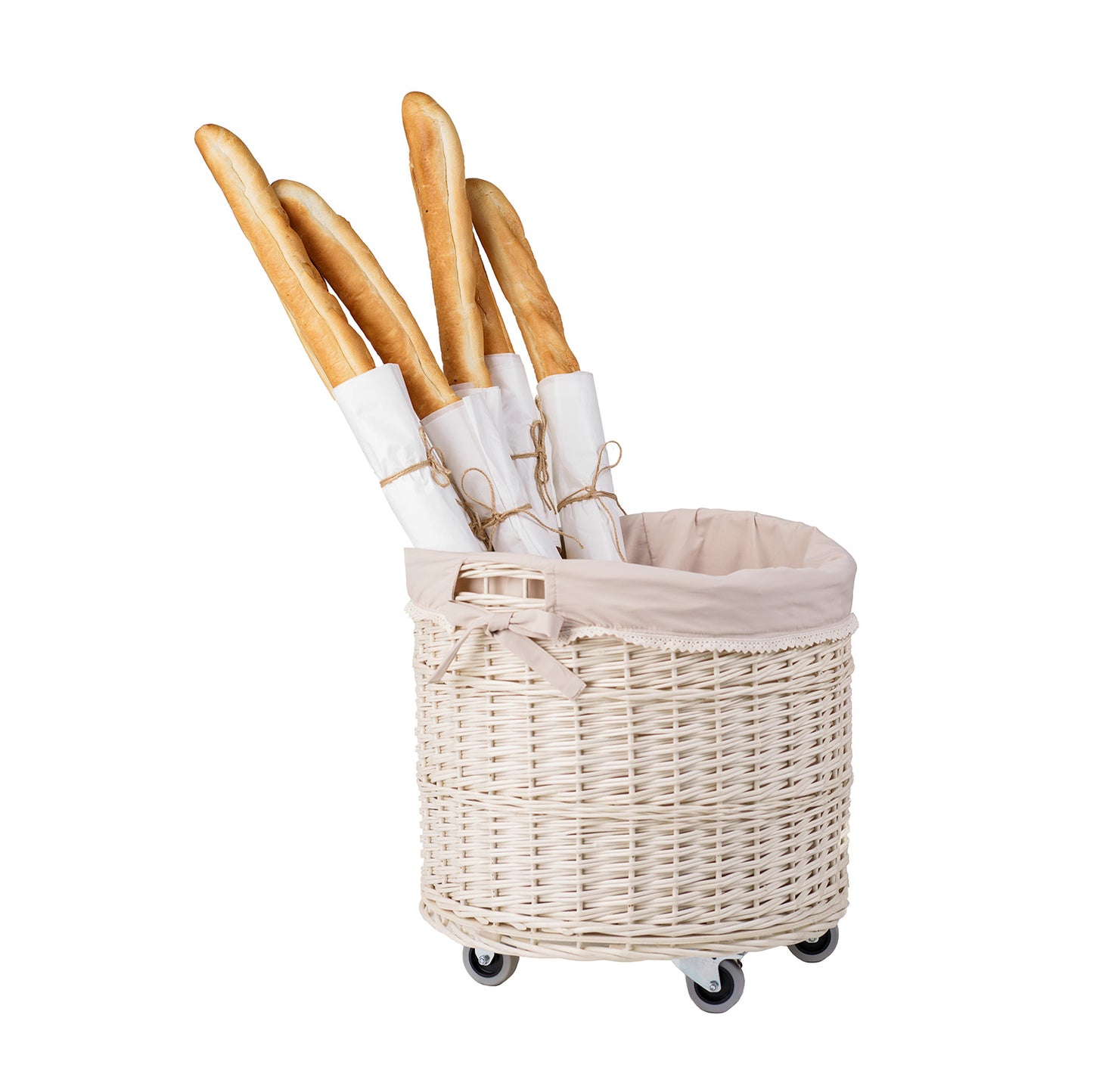 Caros wiklinowy kosz do przechowywania z beżowym obszyciem TheWickerStories