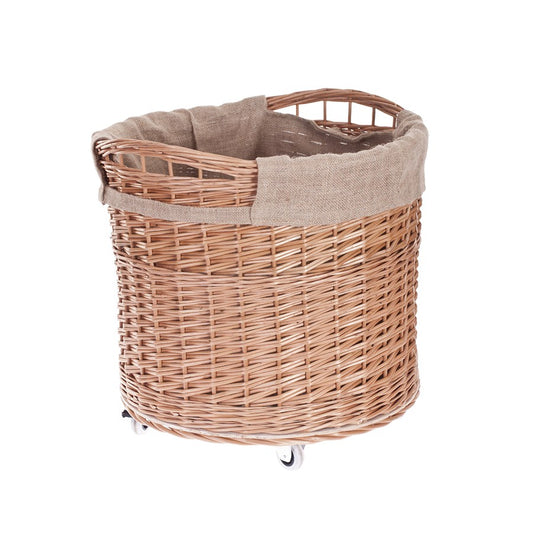 Caros wiklinowy koszyk pojemnik z jutowym obszyciem i kółkami TheWickerStories
