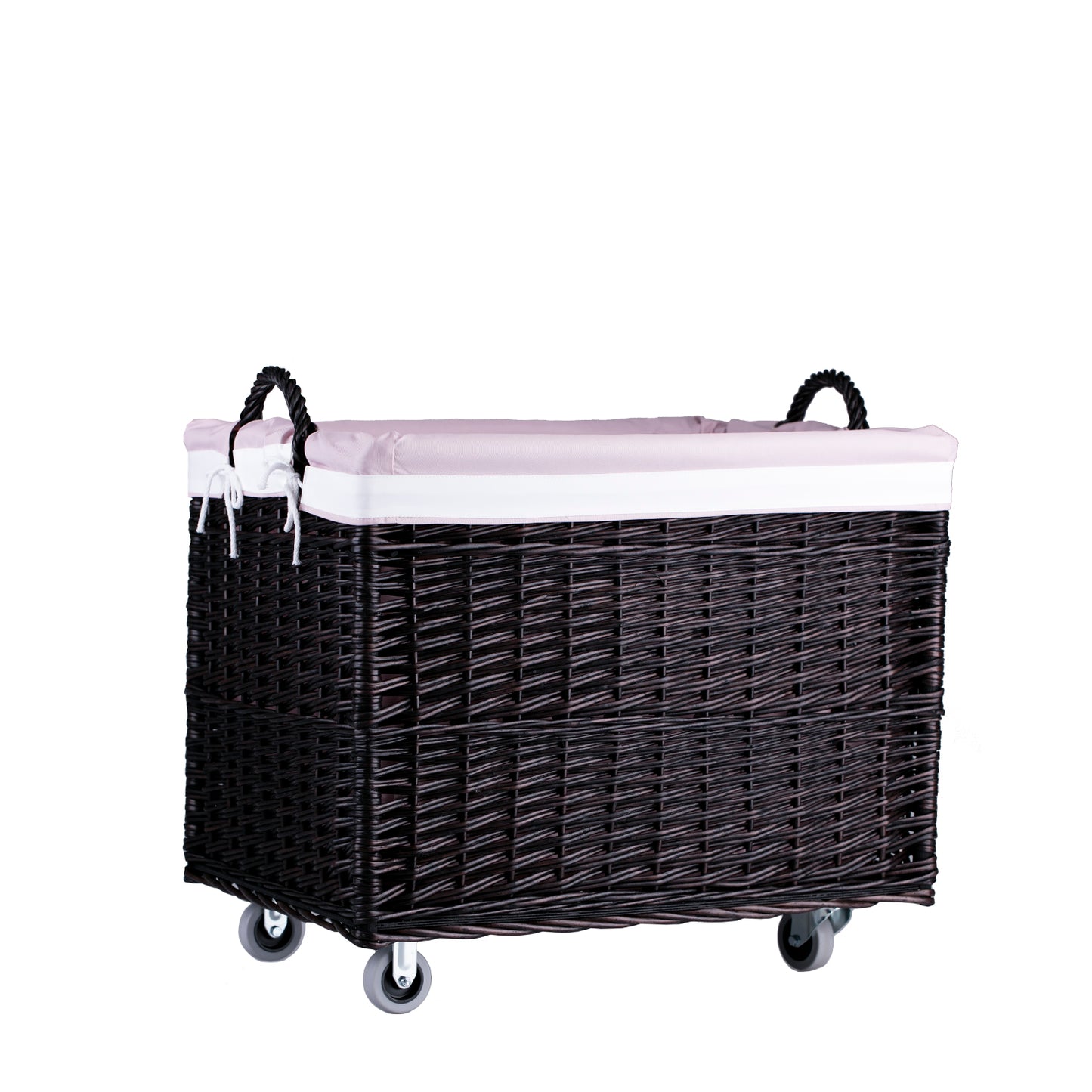 Salux wiklinowy koszyk z różowym obszyciem i kółkami TheWickerStories