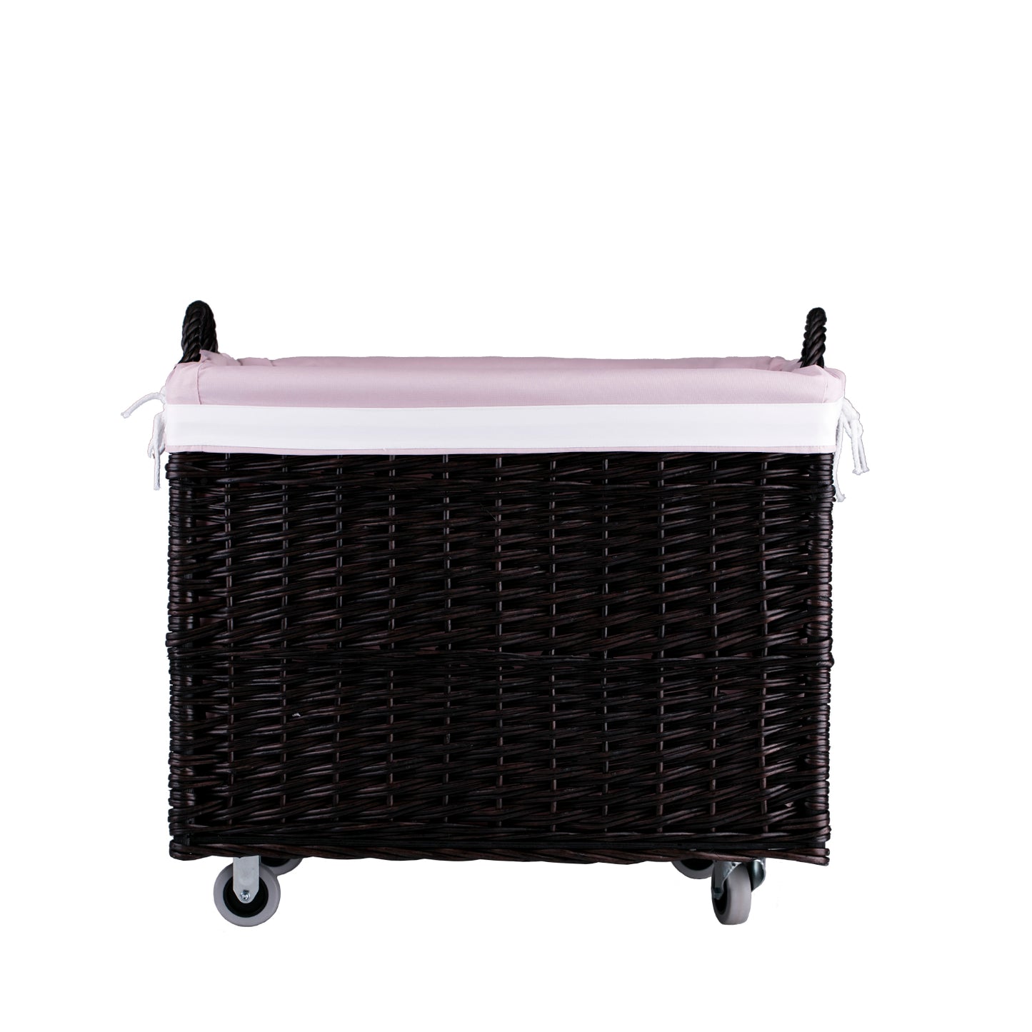 Salux wiklinowy koszyk z różowym obszyciem i kółkami TheWickerStories