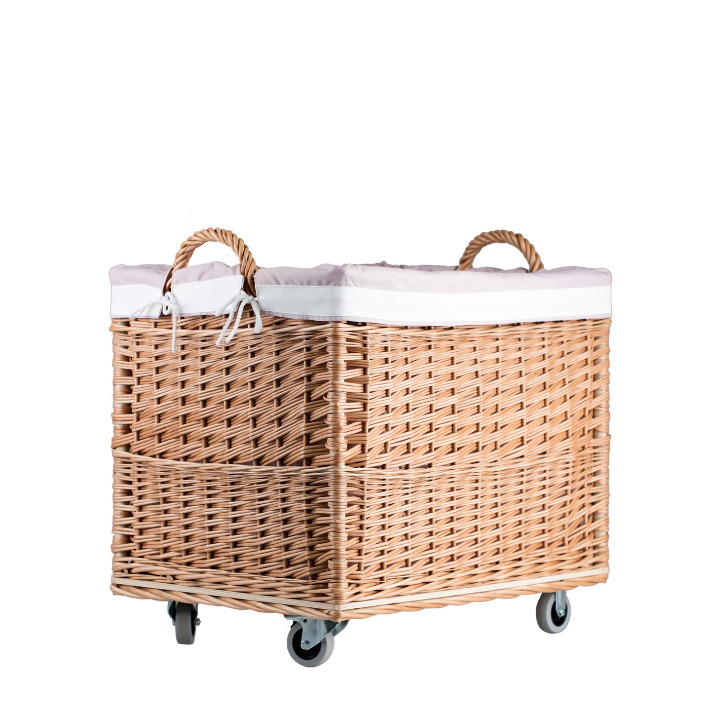 Salux wiklinowy koszyk z różowym obszyciem i kółkami TheWickerStories