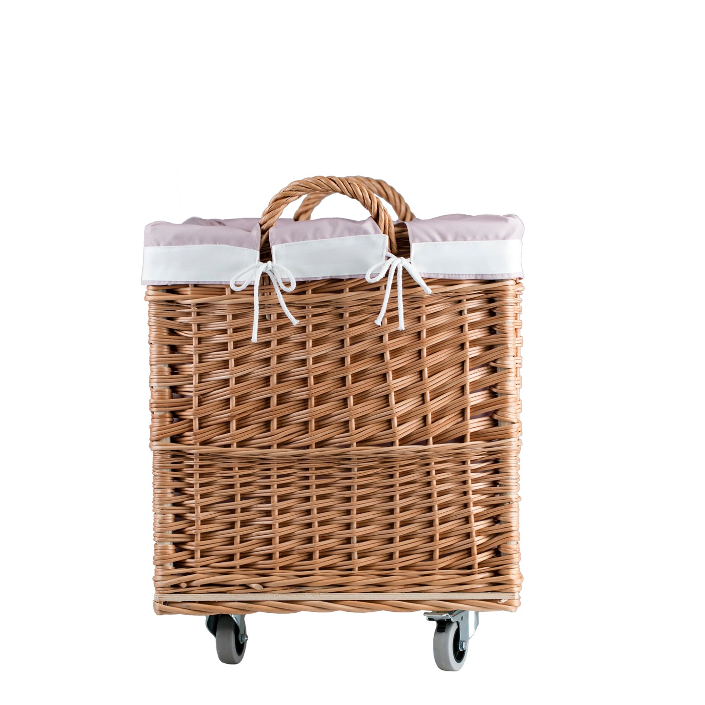 Salux wiklinowy koszyk z różowym obszyciem i kółkami TheWickerStories