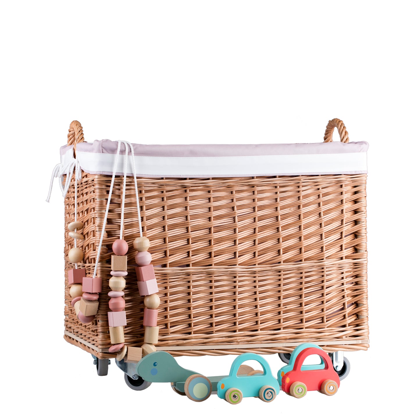 Salux wiklinowy koszyk z różowym obszyciem i kółkami TheWickerStories