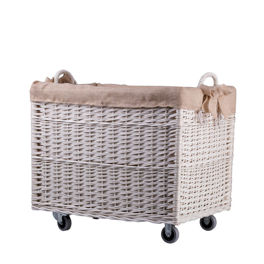 Salux wiklinowy kosz do przechowywania z jutowym obszyciem, z uchwytami i kółkami TheWickerStories