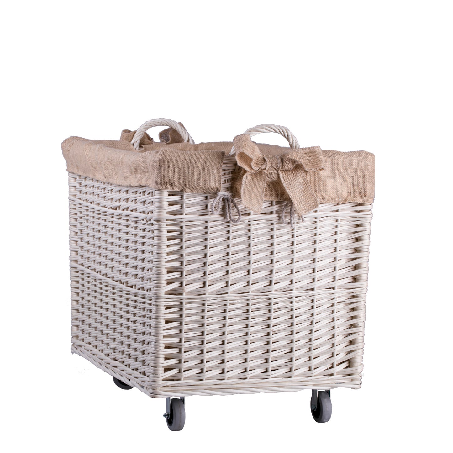 Salux wiklinowy kosz do przechowywania z jutowym obszyciem, z uchwytami i kółkami TheWickerStories