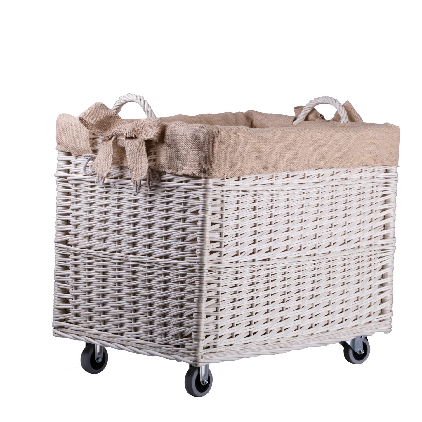 Salux wiklinowy kosz do przechowywania z jutowym obszyciem, z uchwytami i kółkami TheWickerStories