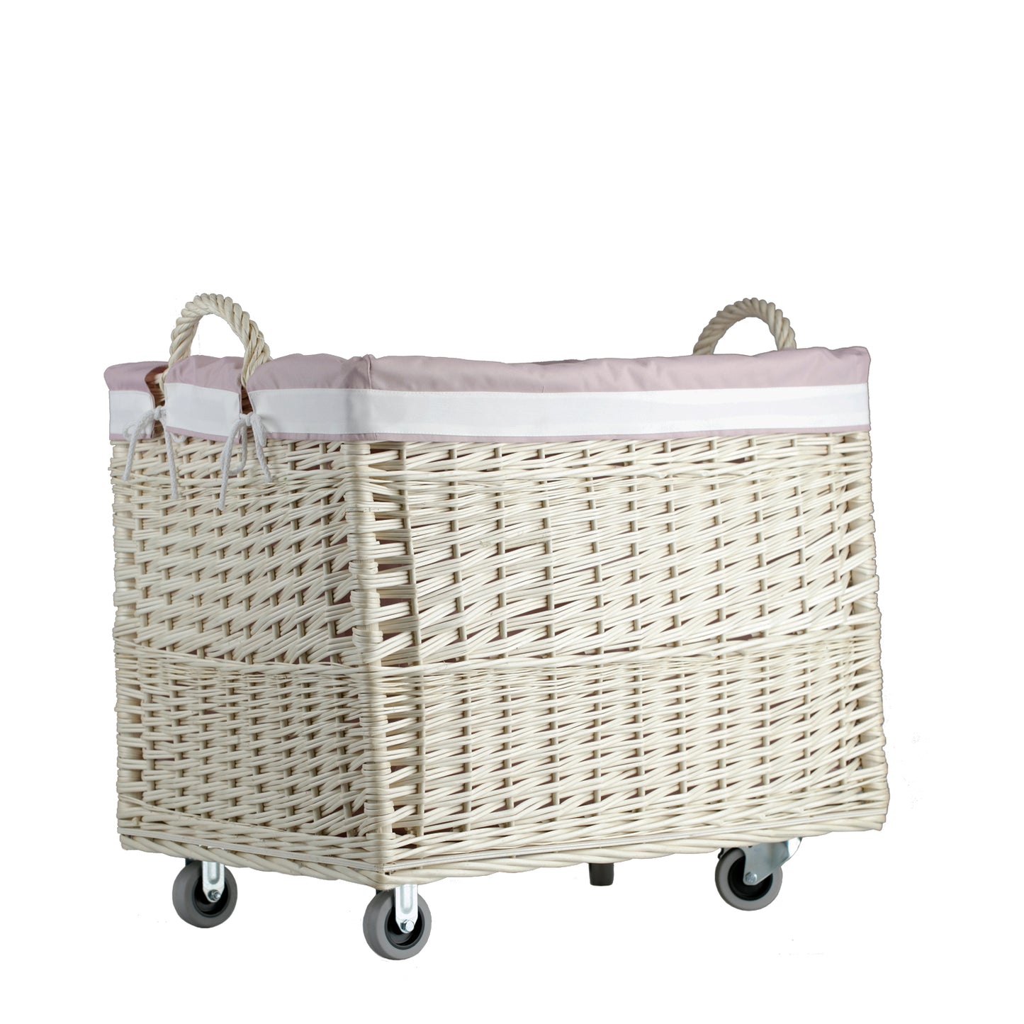 Salux wiklinowy kosz na pranie z różowym obszyciem, na kółkach, z uchwytami TheWickerStories