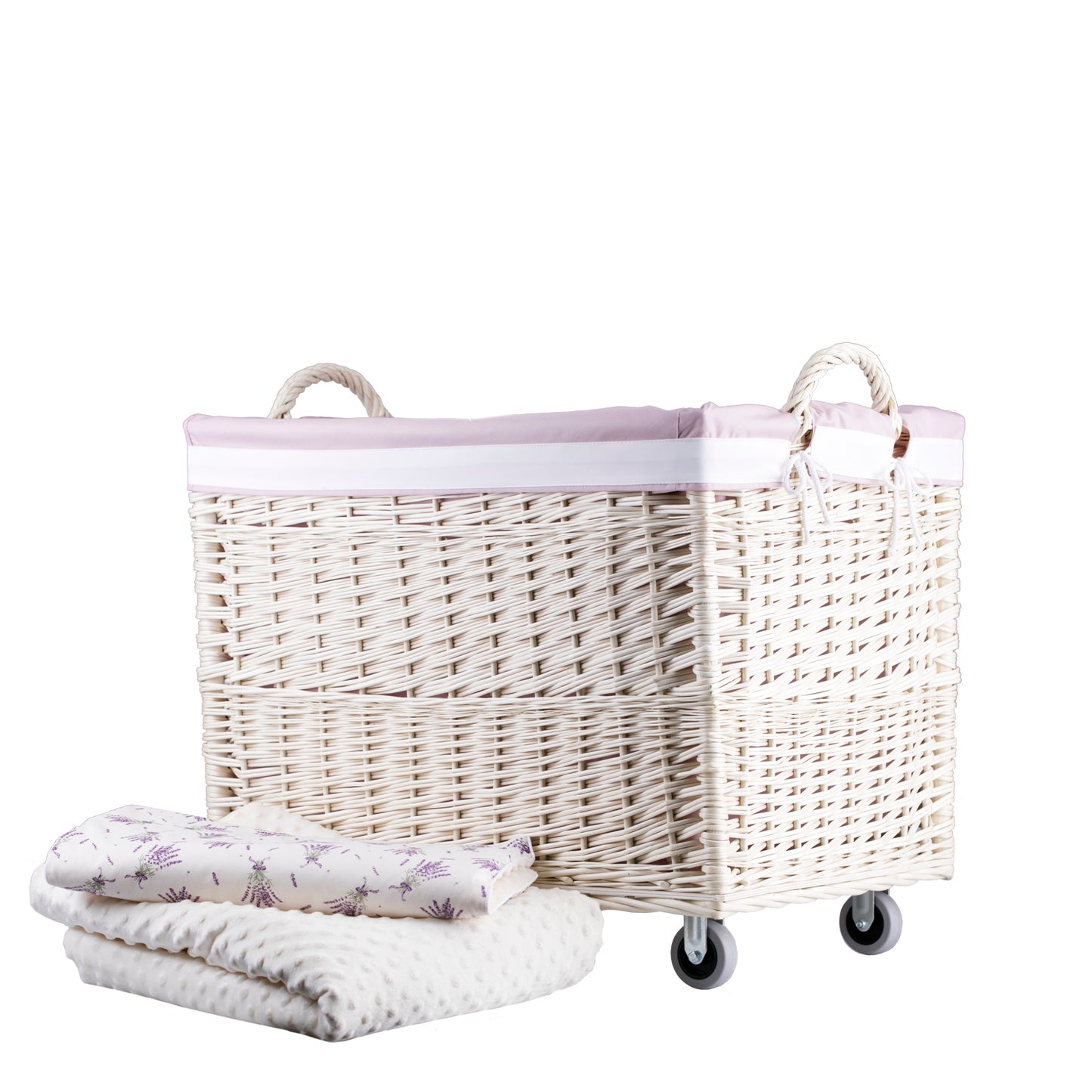 Salux wiklinowy kosz na pranie z różowym obszyciem, na kółkach, z uchwytami TheWickerStories
