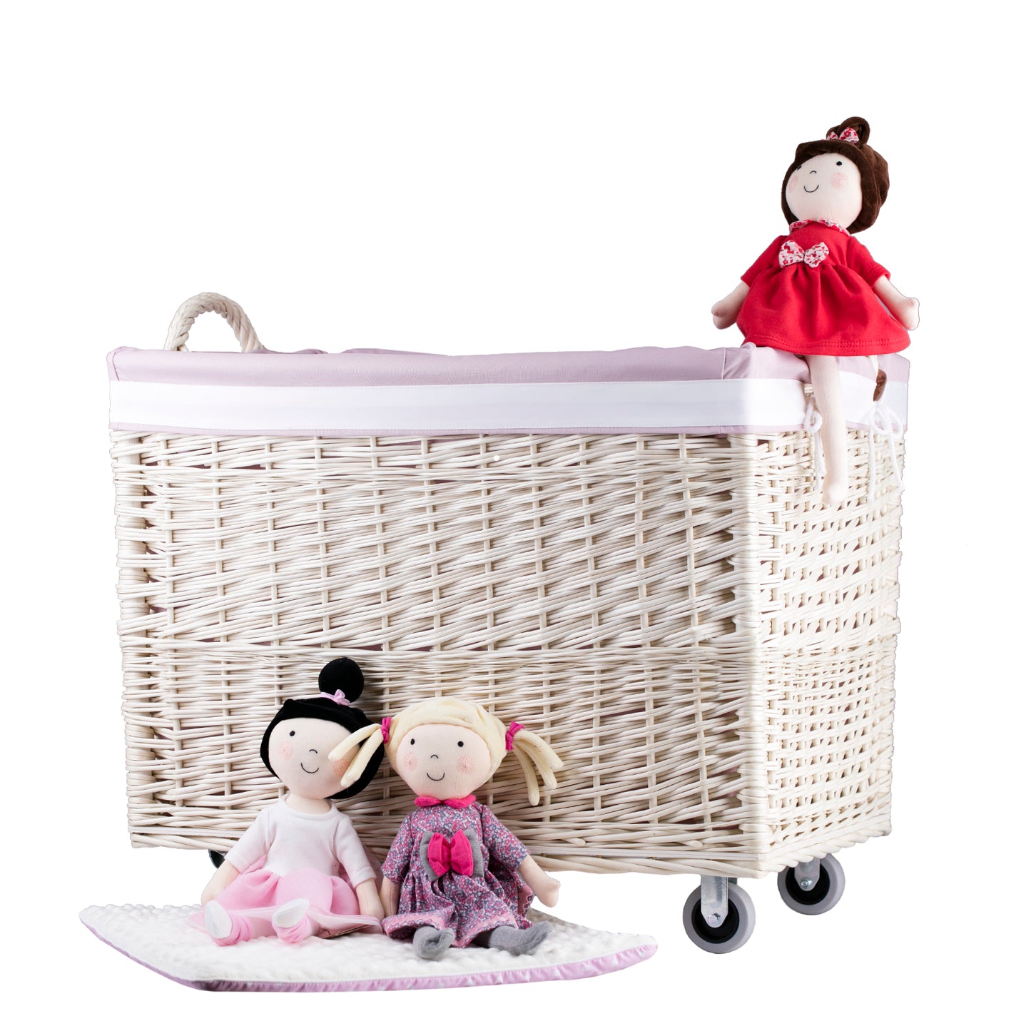 Salux wiklinowy kosz na pranie z różowym obszyciem, na kółkach, z uchwytami TheWickerStories