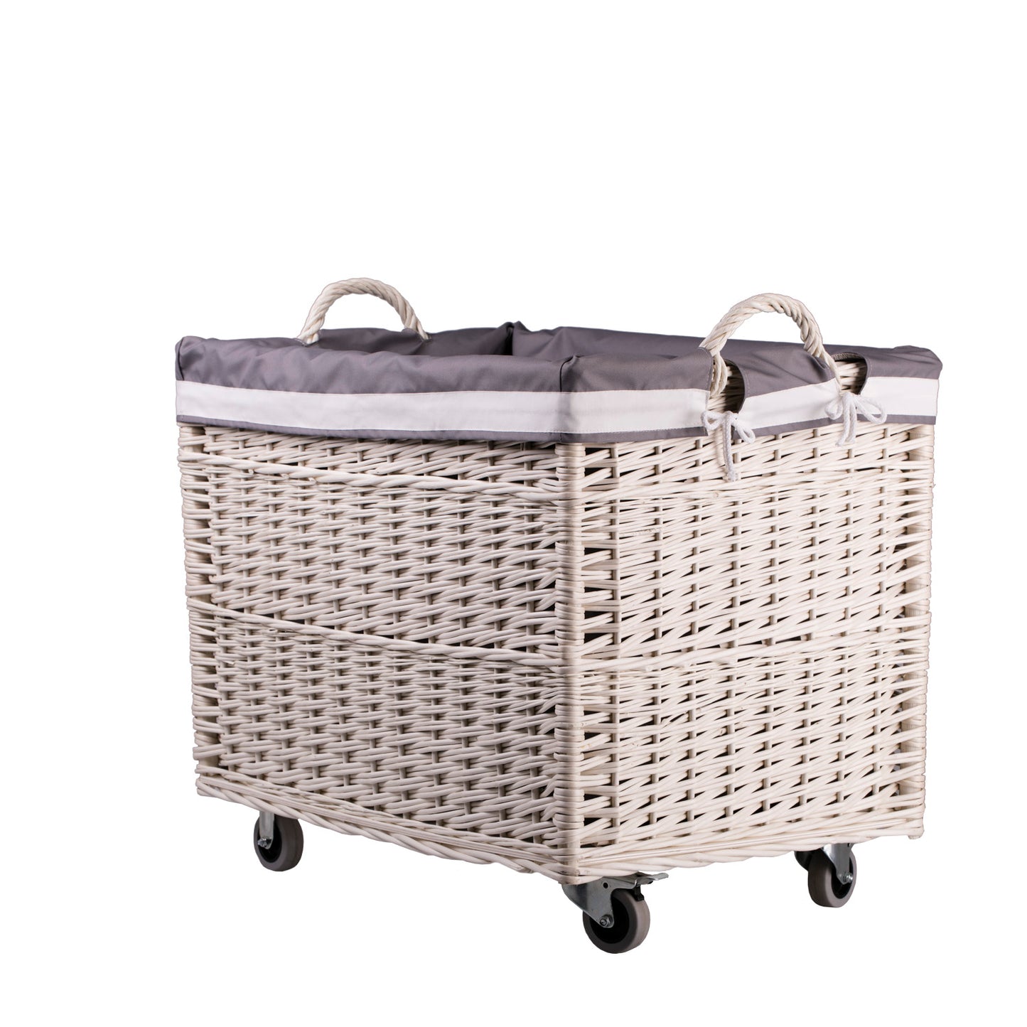 Salux wiklinowy koszyk z szarym obszyciem i kółkami TheWickerStories