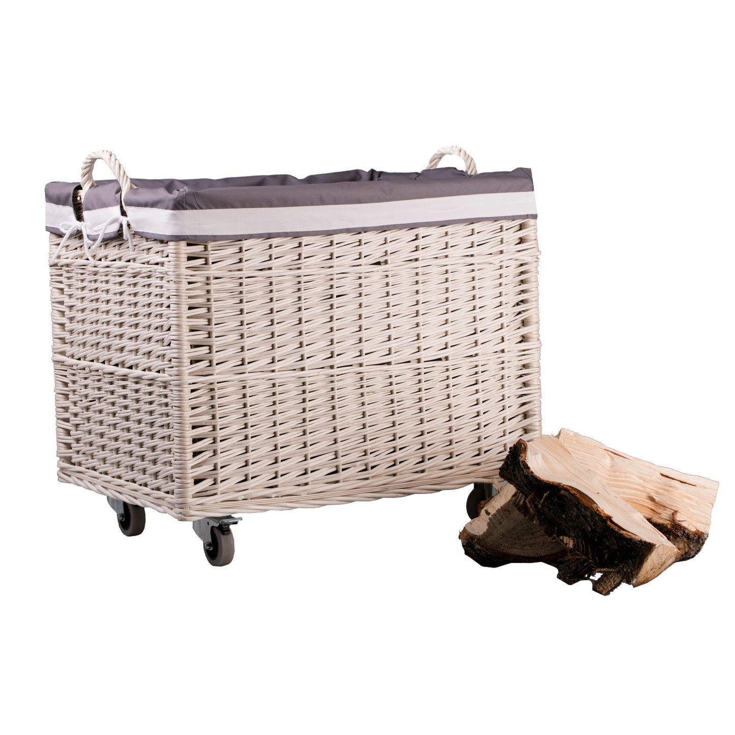 Salux wiklinowy koszyk z szarym obszyciem i kółkami TheWickerStories