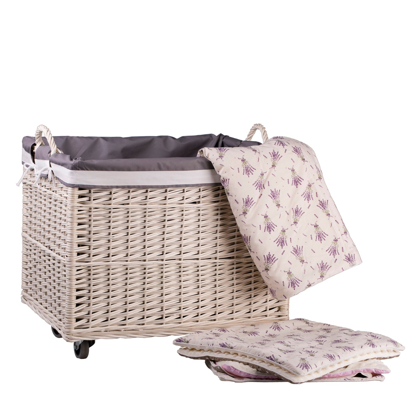 Salux wiklinowy koszyk z szarym obszyciem i kółkami TheWickerStories