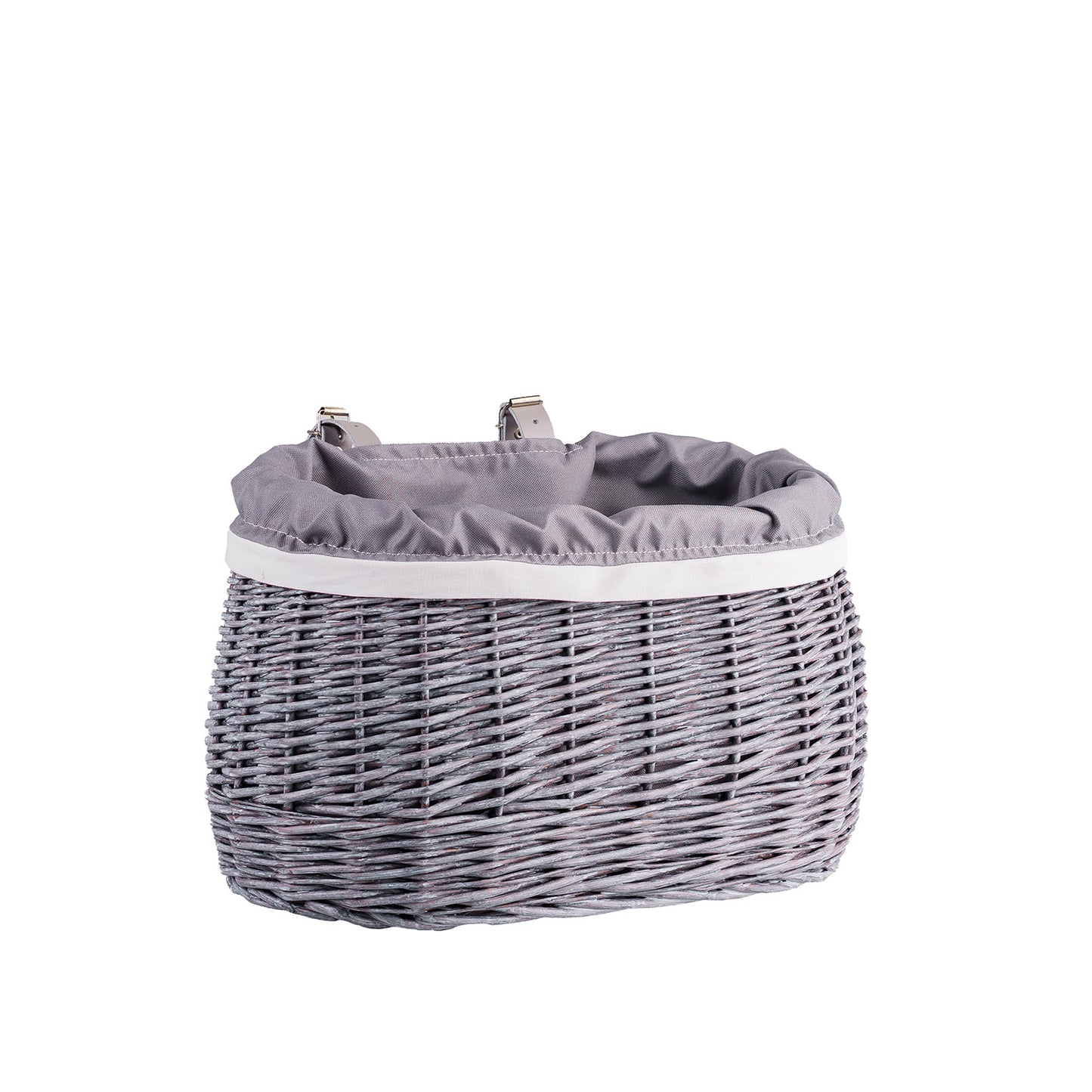 Marone wiklinowy koszyczek rowerowy z szarym obszyciem i paskami TheWickerStories