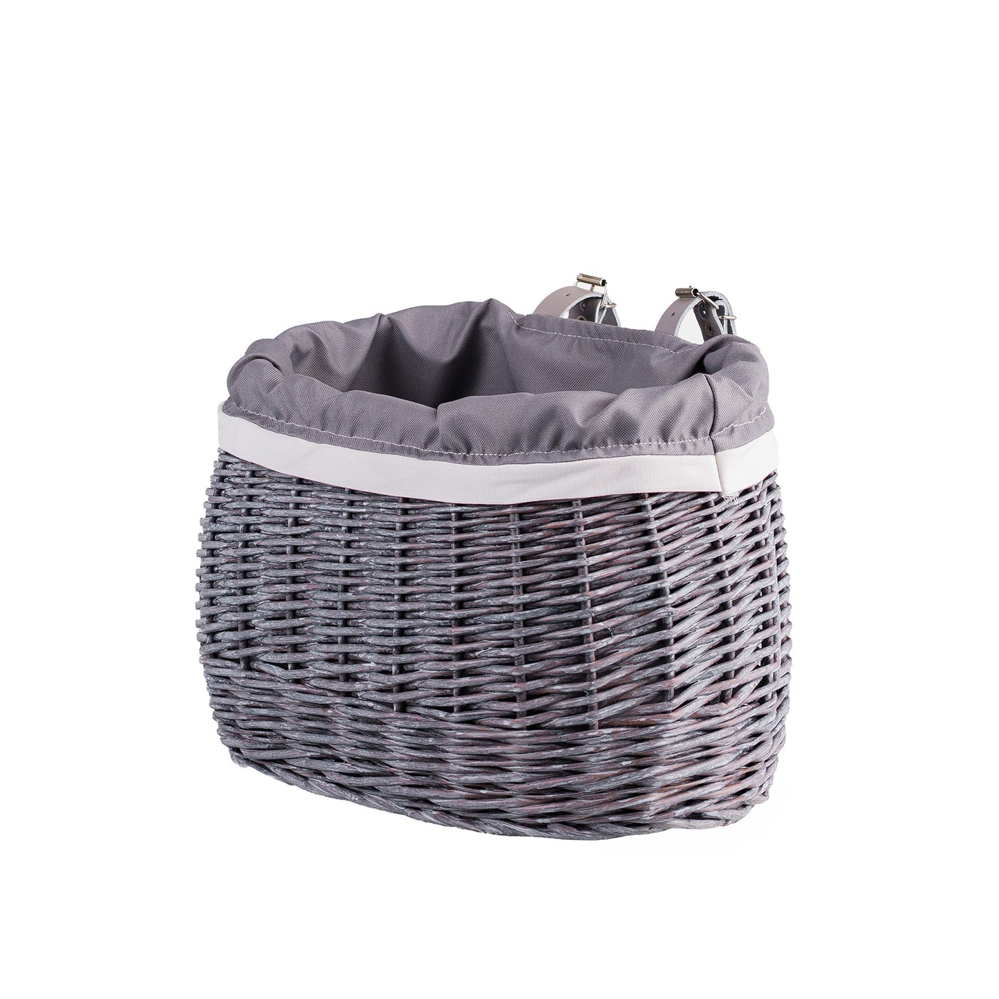 Marone wiklinowy koszyczek rowerowy z szarym obszyciem i paskami TheWickerStories