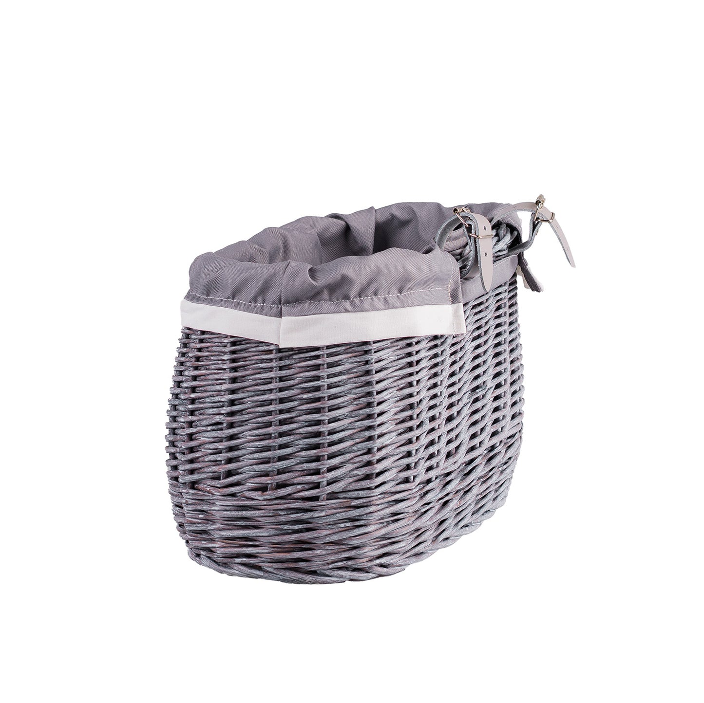 Marone wiklinowy koszyczek rowerowy z szarym obszyciem i paskami TheWickerStories