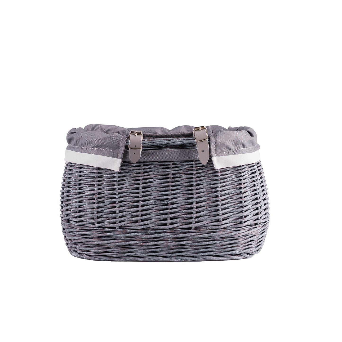 Marone wiklinowy koszyczek rowerowy z szarym obszyciem i paskami TheWickerStories