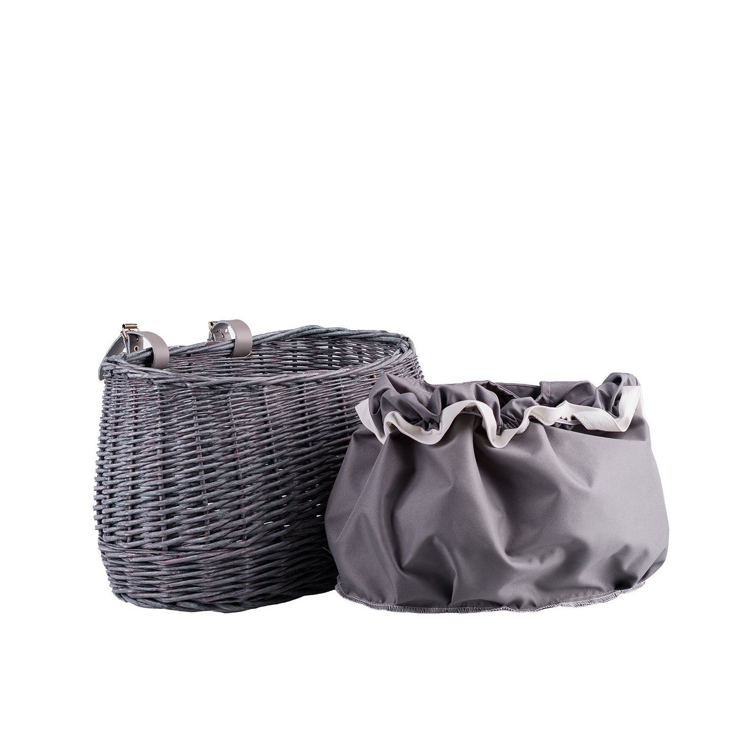 Marone wiklinowy koszyczek rowerowy z szarym obszyciem i paskami TheWickerStories