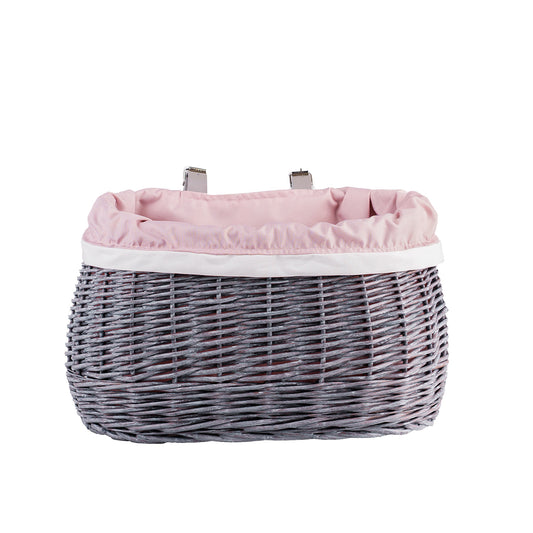 Marone wiklinowy koszyczek rowerowy z różowym obszyciem i paskami TheWickerStories