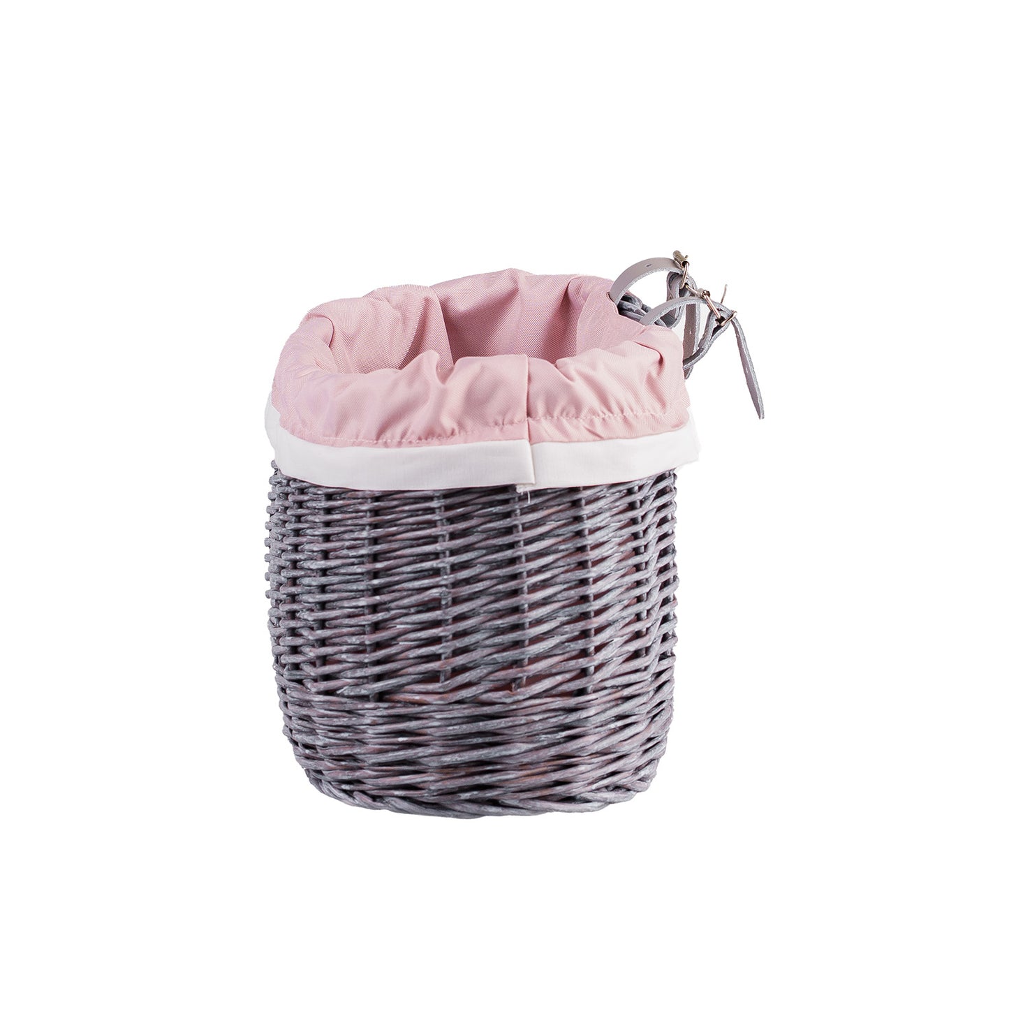 Marone wiklinowy koszyczek rowerowy z różowym obszyciem i paskami TheWickerStories