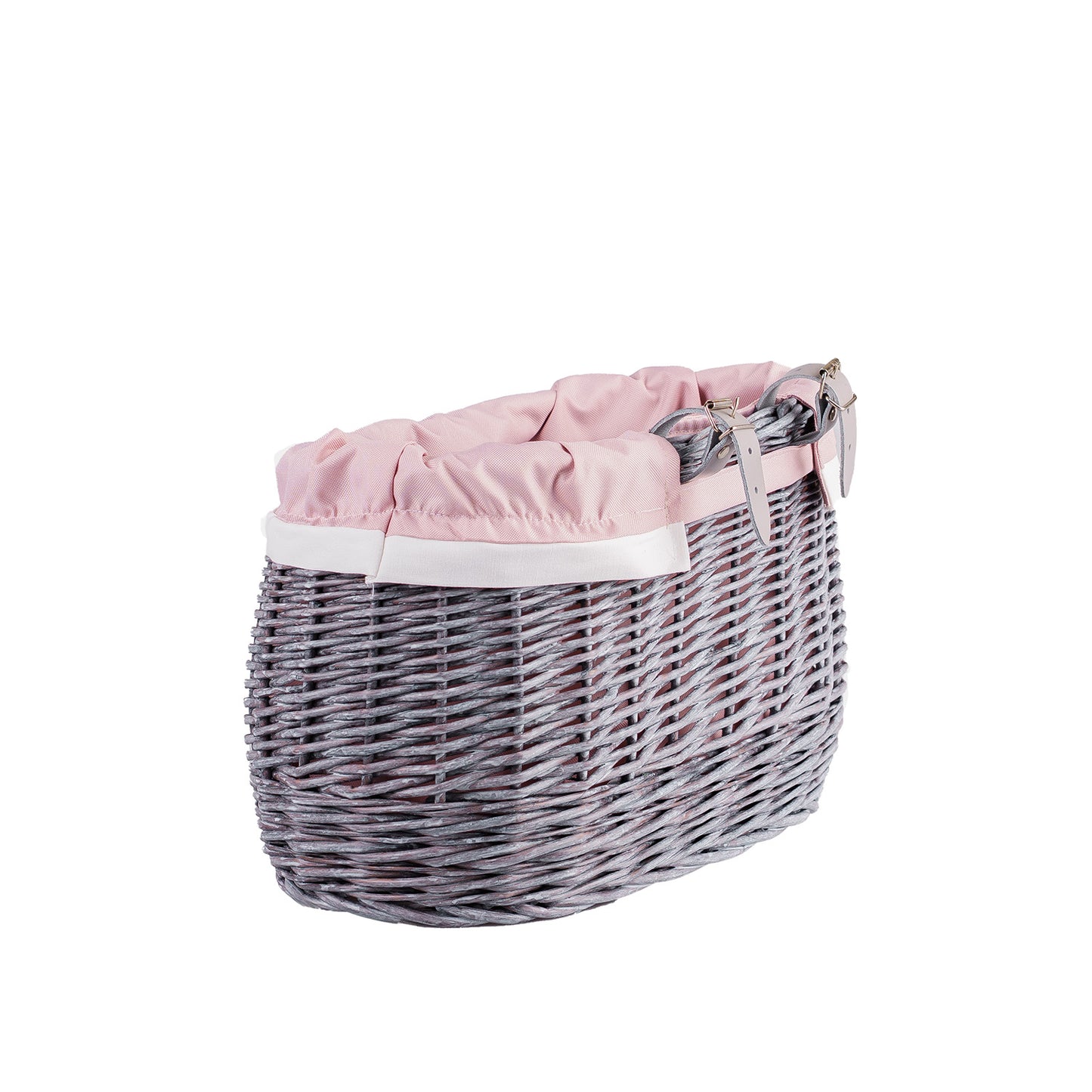Marone wiklinowy koszyczek rowerowy z różowym obszyciem i paskami TheWickerStories