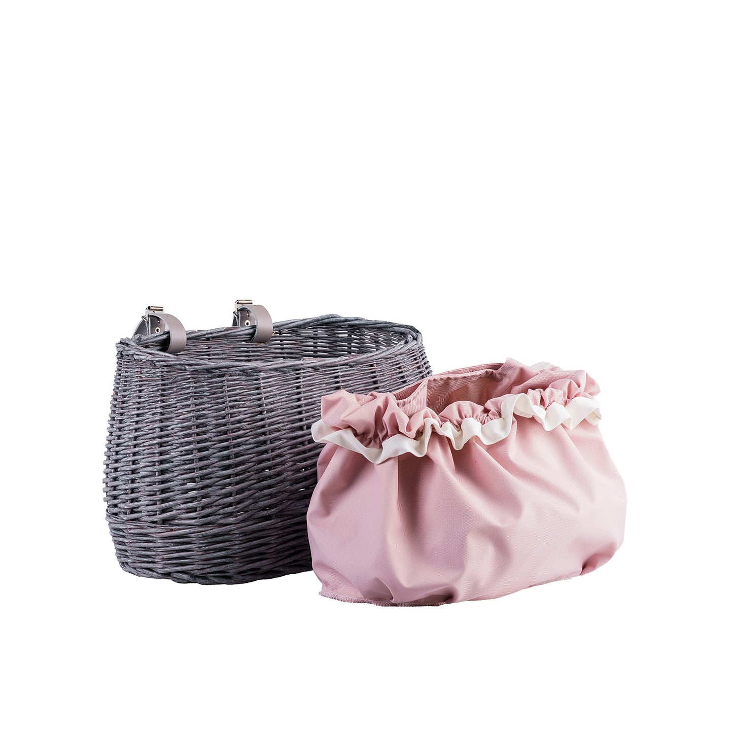 Marone wiklinowy koszyczek rowerowy z różowym obszyciem i paskami TheWickerStories