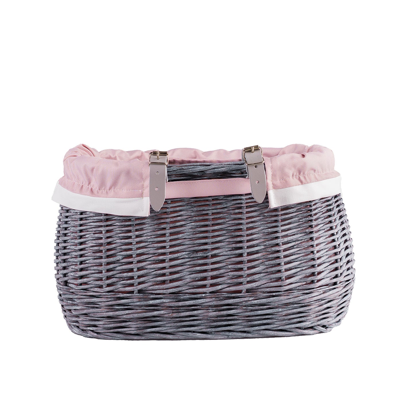 Marone wiklinowy koszyczek rowerowy z różowym obszyciem i paskami TheWickerStories