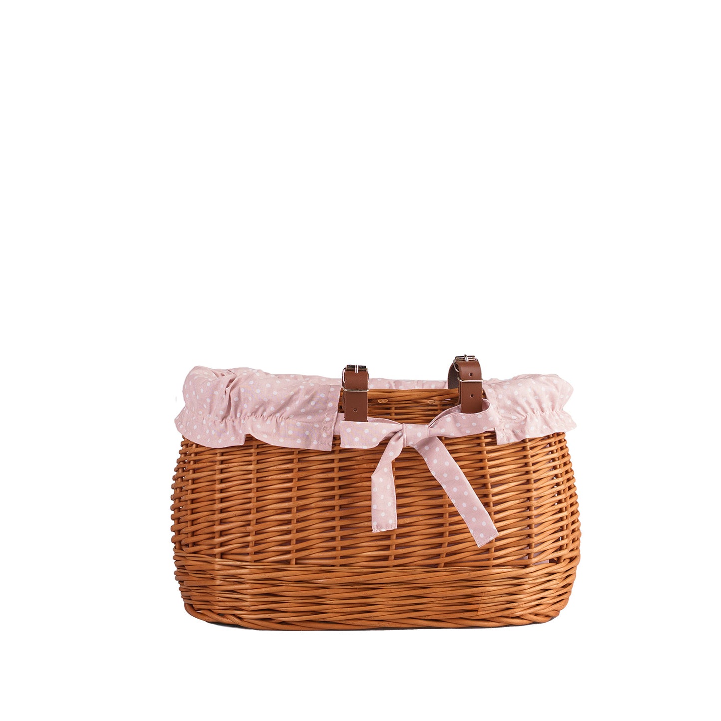 Marone wiklinowy koszyczek rowerowy z różowym obszyciem i paskami TheWickerStories