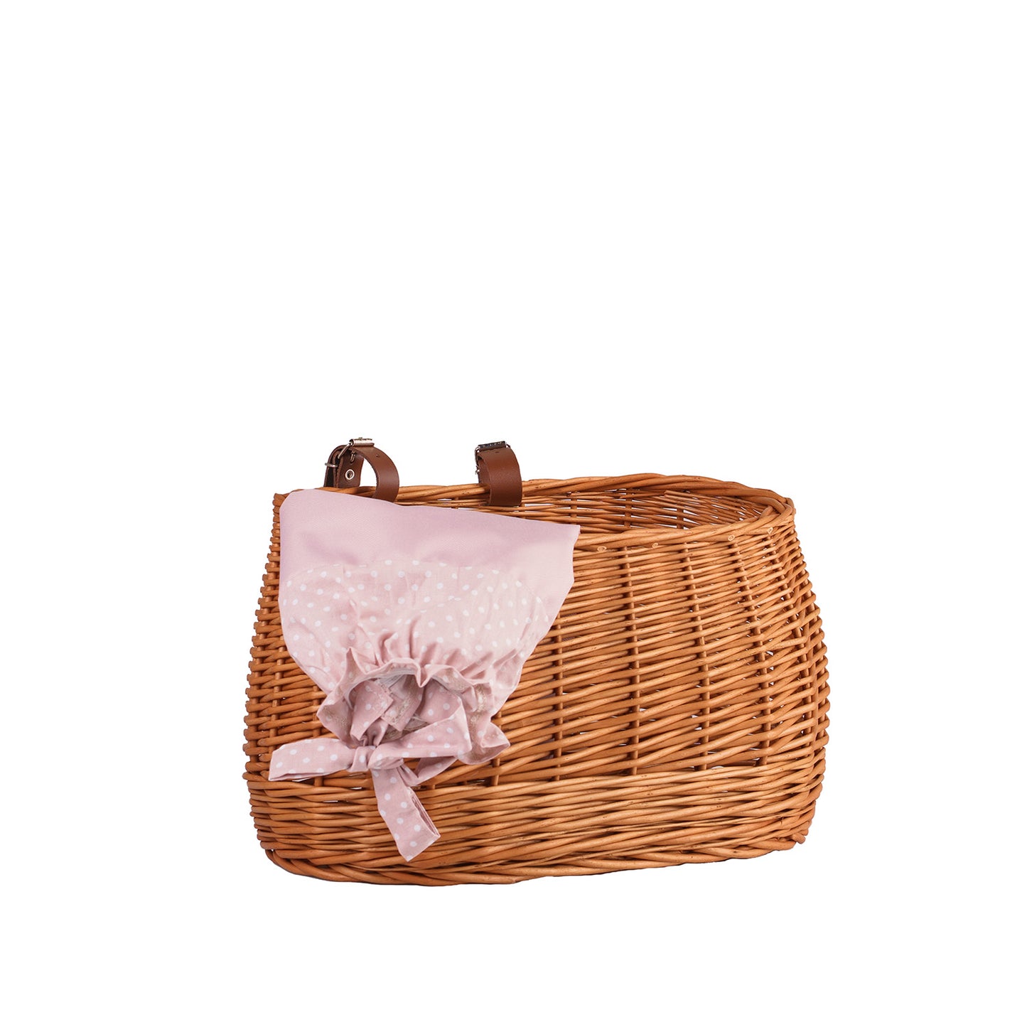 Marone wiklinowy koszyczek rowerowy z różowym obszyciem i paskami TheWickerStories
